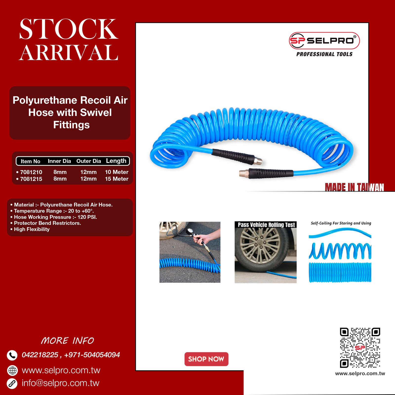 Polyurethane Recoil Air Hose with Swivel Fittings and Bend Restrictors.